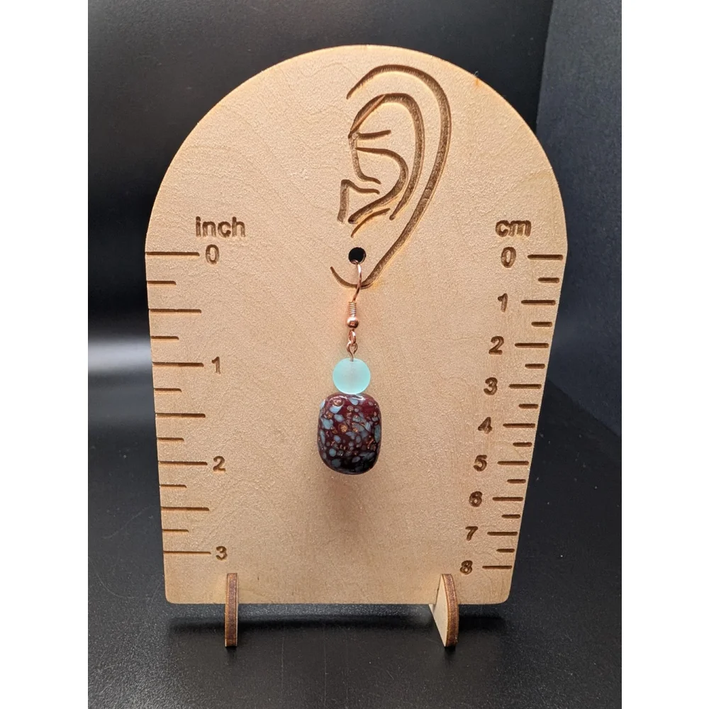 Blue & Brown Glass Dangle Earrings with Rose Gold Hooks Handmade Speckled Bead - Picture 8 of 8